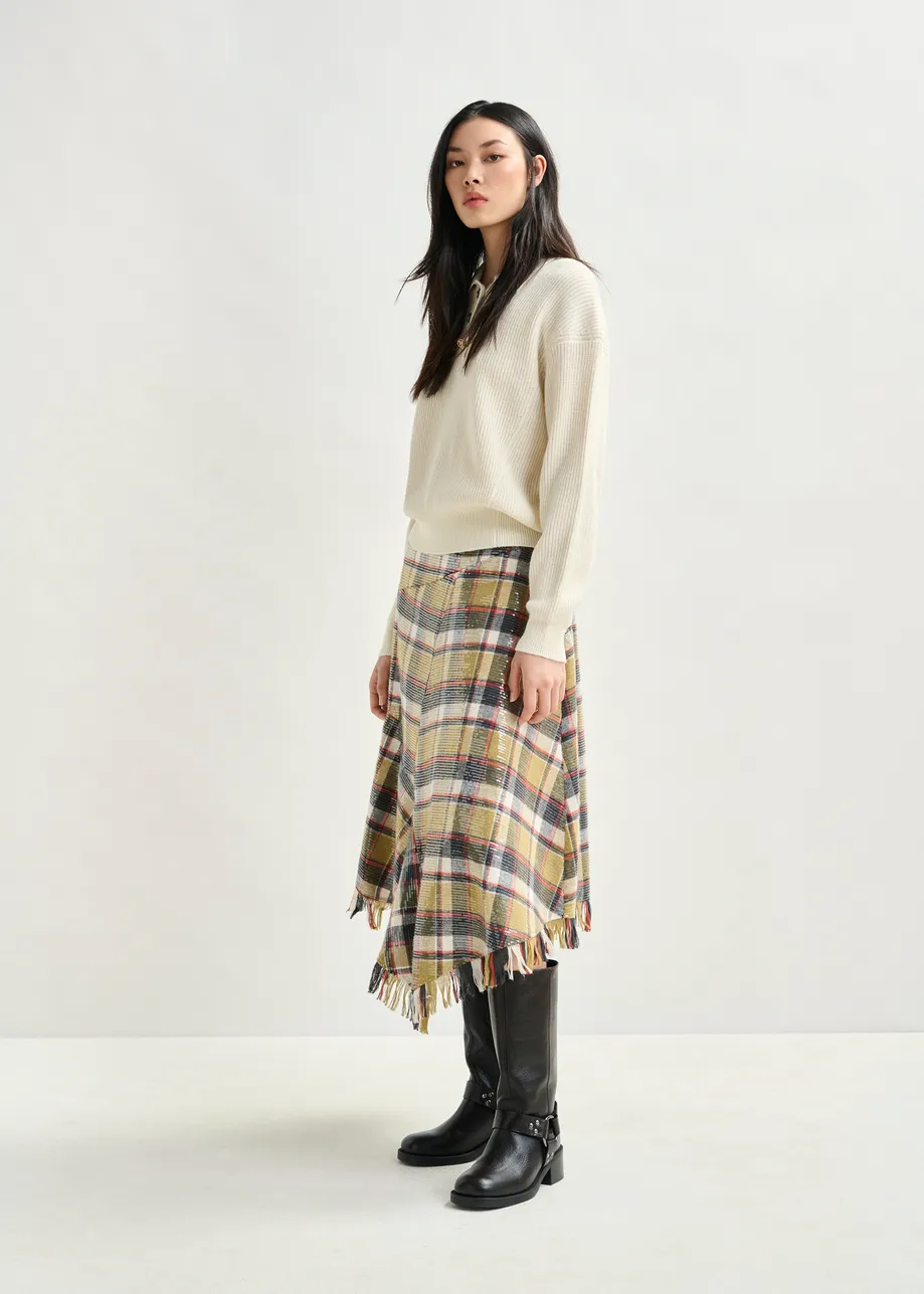 Khaki, dark blue and red check print midi skirt with fringed hemline and sequin embellishments