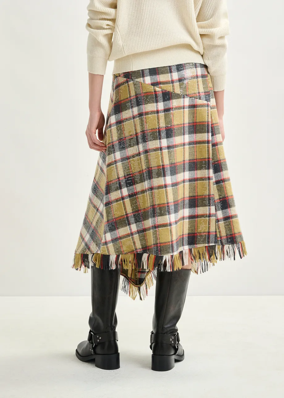 Khaki, dark blue and red check print midi skirt with fringed hemline and sequin embellishments