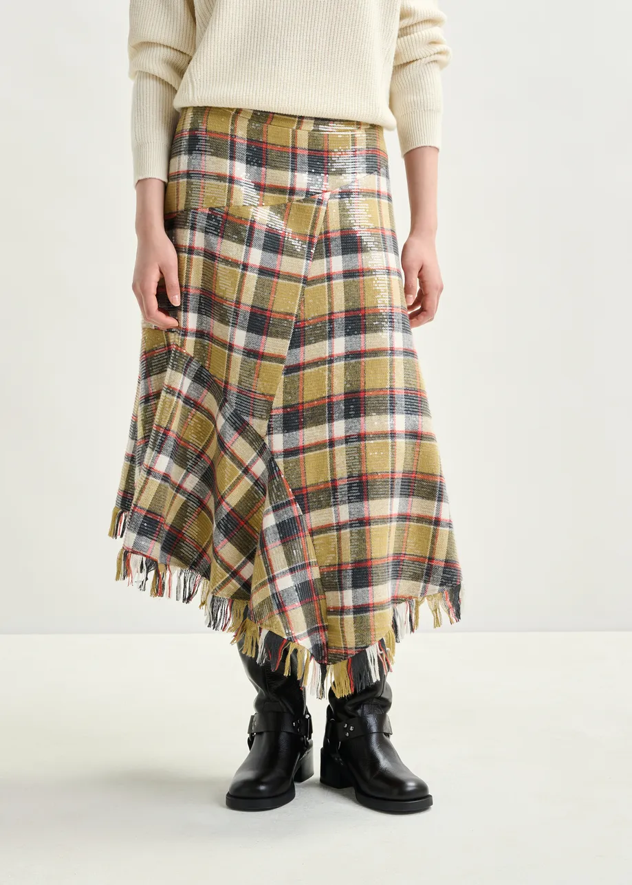Khaki, dark blue and red check print midi skirt with fringed hemline and sequin embellishments