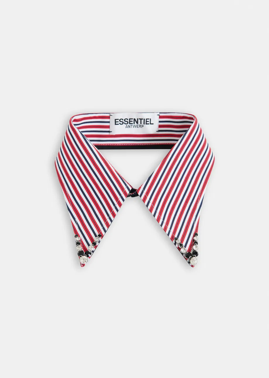 Red, blue and white striped cotton collar with rhinestone embellishments
