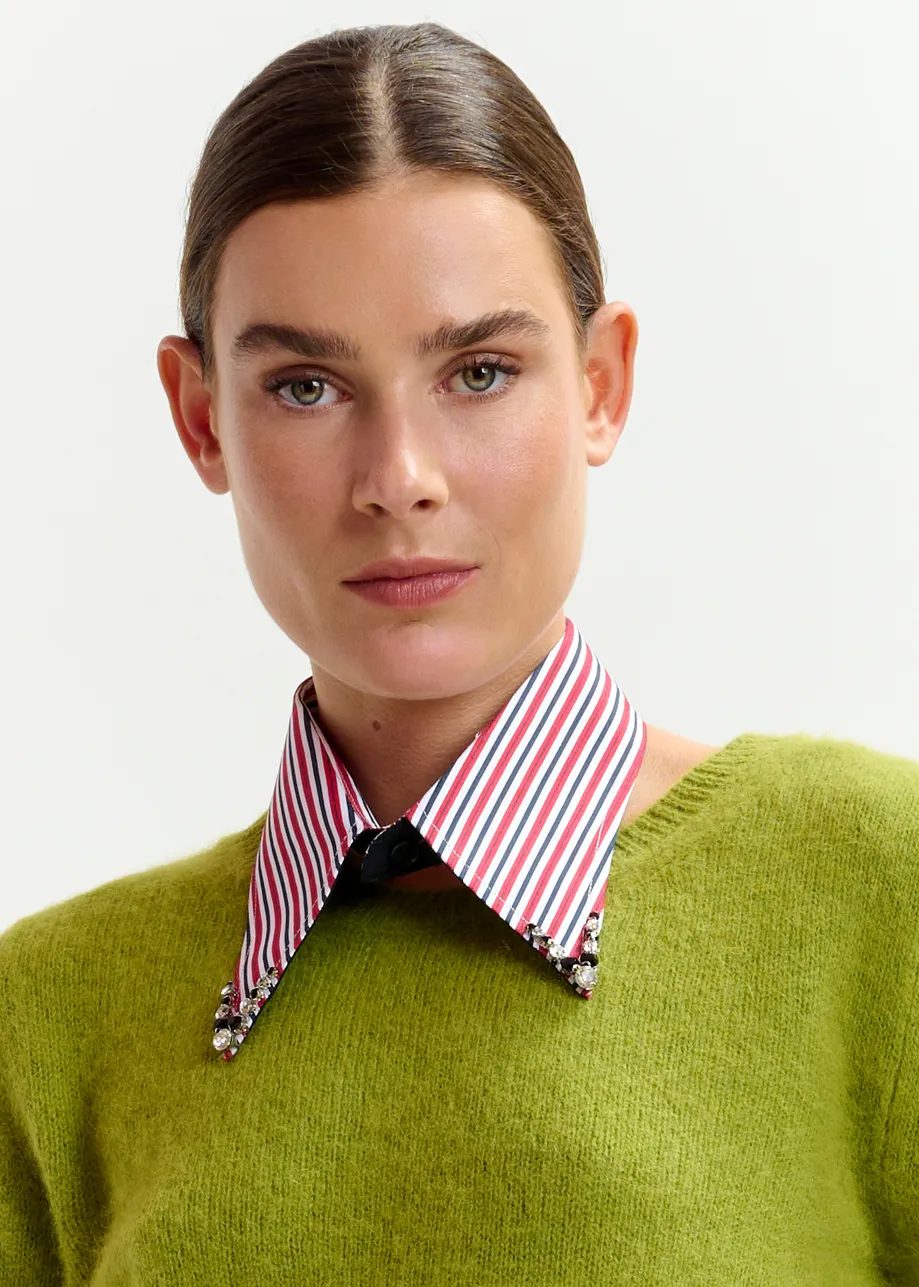 Red, blue and white striped cotton collar with rhinestone embellishments