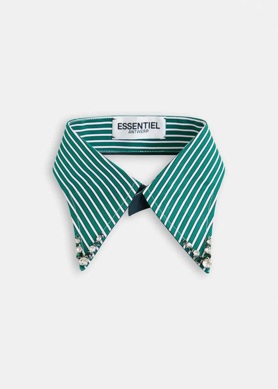 Green and white striped cotton collar with rhinestone embellishments