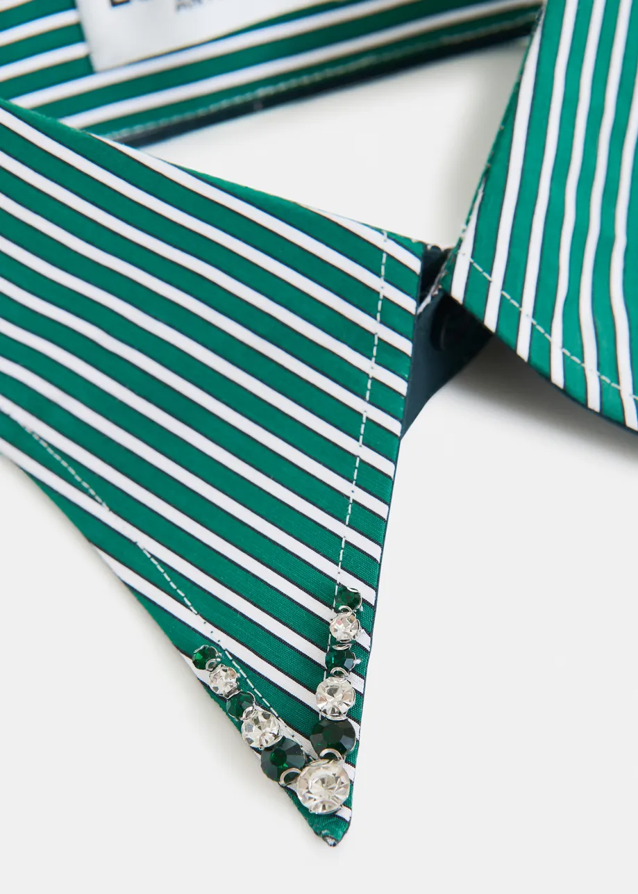 Green and white striped cotton collar with rhinestone embellishments