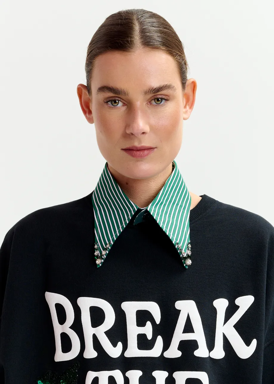 Green and white striped cotton collar with rhinestone embellishments