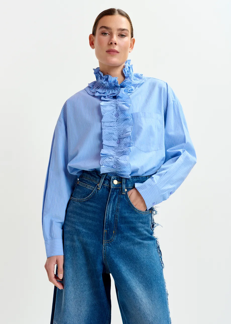 Blue and white oversized striped cotton shirt with ruffle details