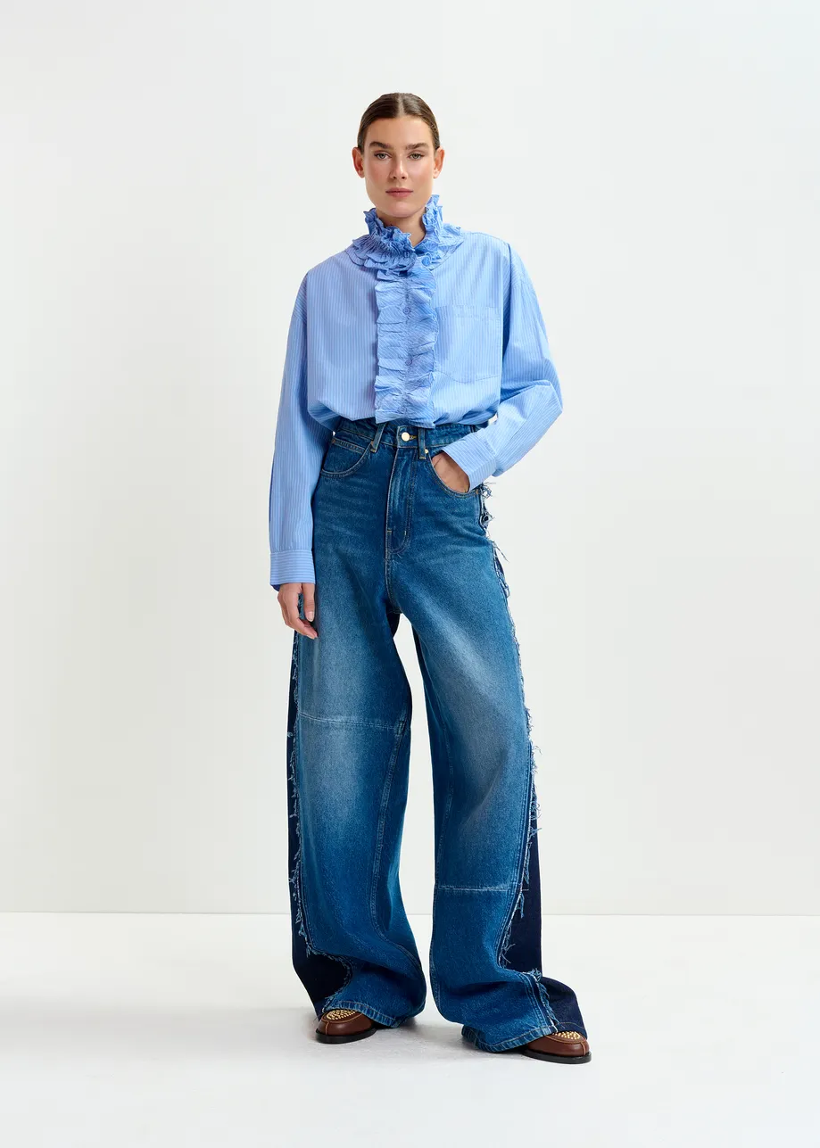 Blue and white oversized striped cotton shirt with ruffle details
