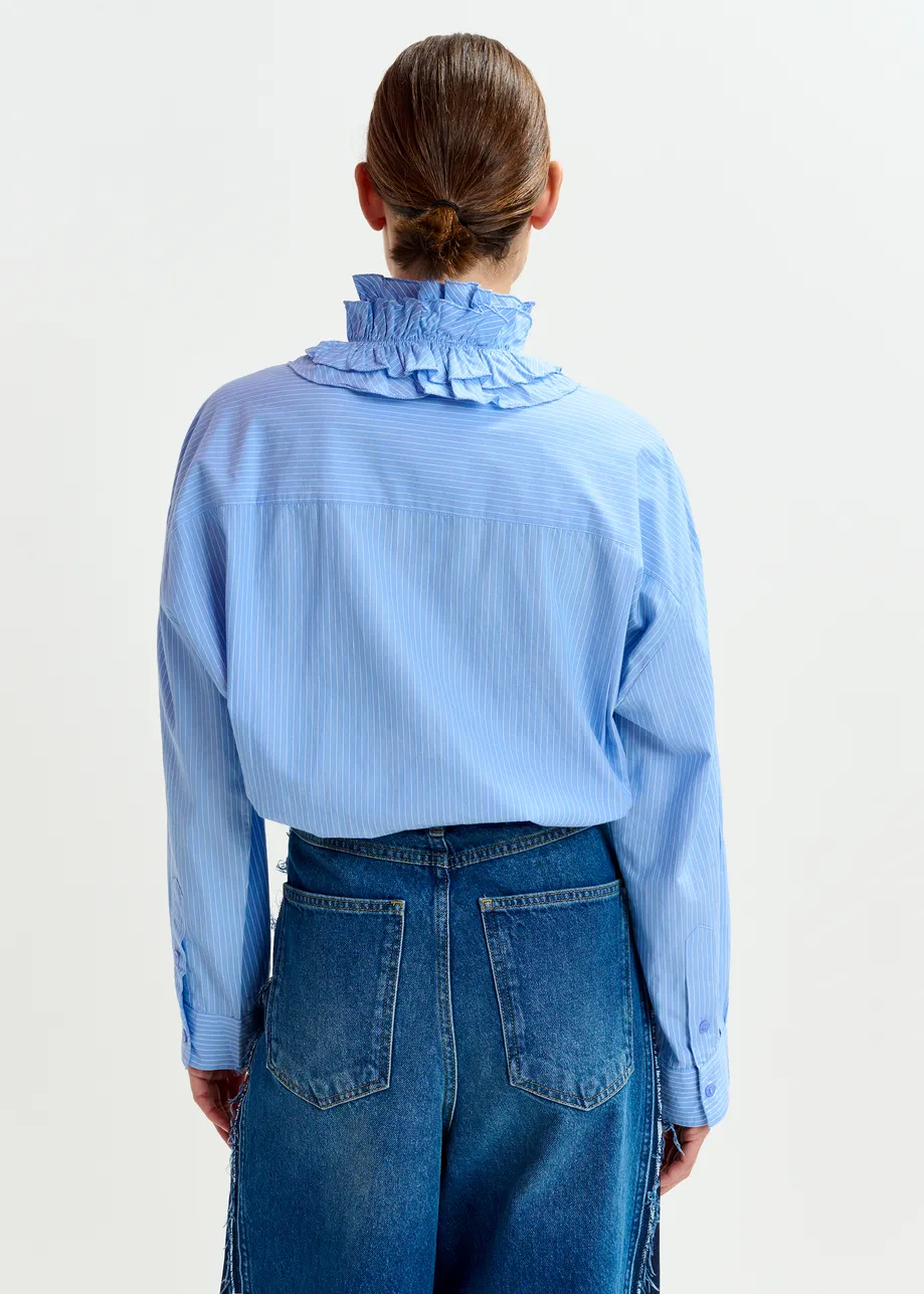 Blue and white oversized striped cotton shirt with ruffle details