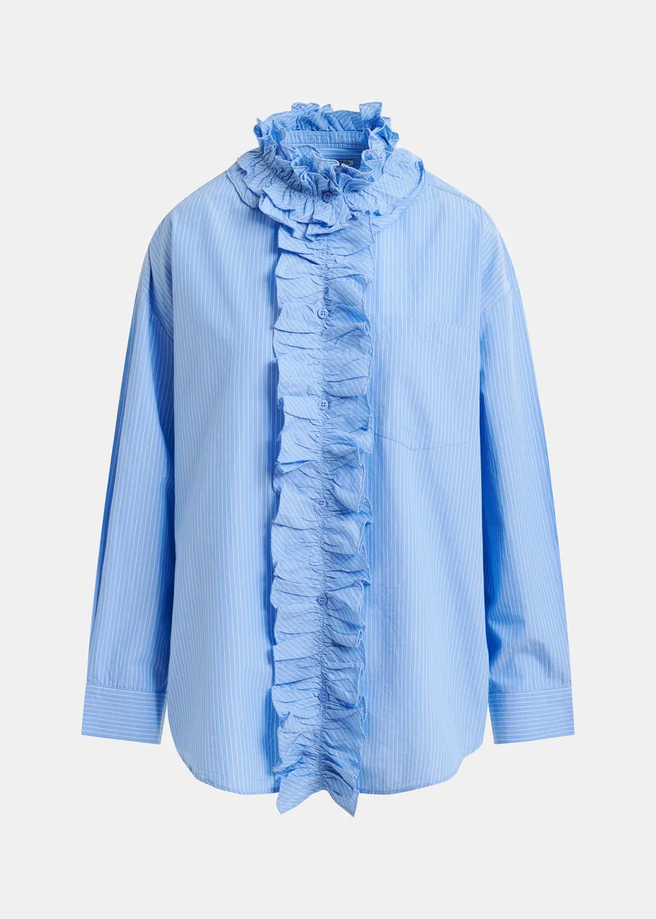 Blue and white oversized striped cotton shirt with ruffle details