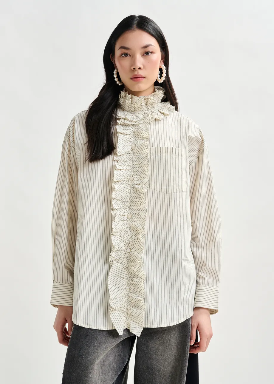 Off-white and black oversized striped cotton shirt with ruffle details