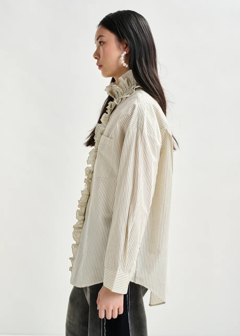 Off-white and black oversized striped cotton shirt with ruffle details