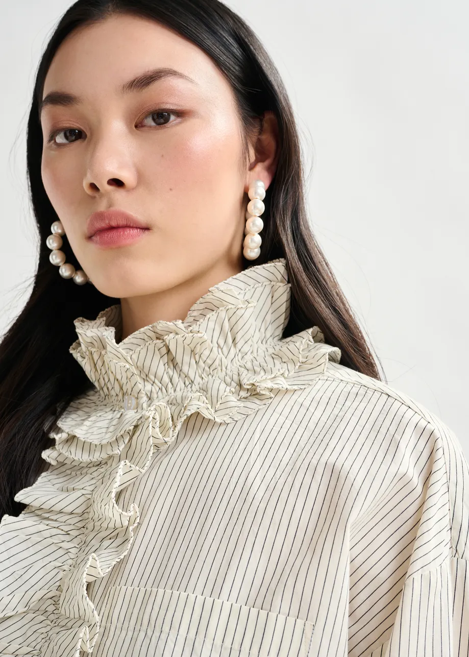 Off-white and black oversized striped cotton shirt with ruffle details