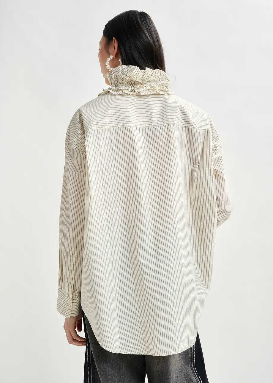 Off-white and black oversized striped cotton shirt with ruffle details