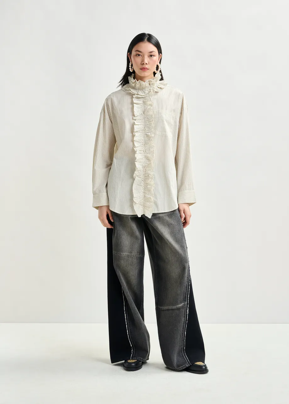 Off-white and black oversized striped cotton shirt with ruffle details