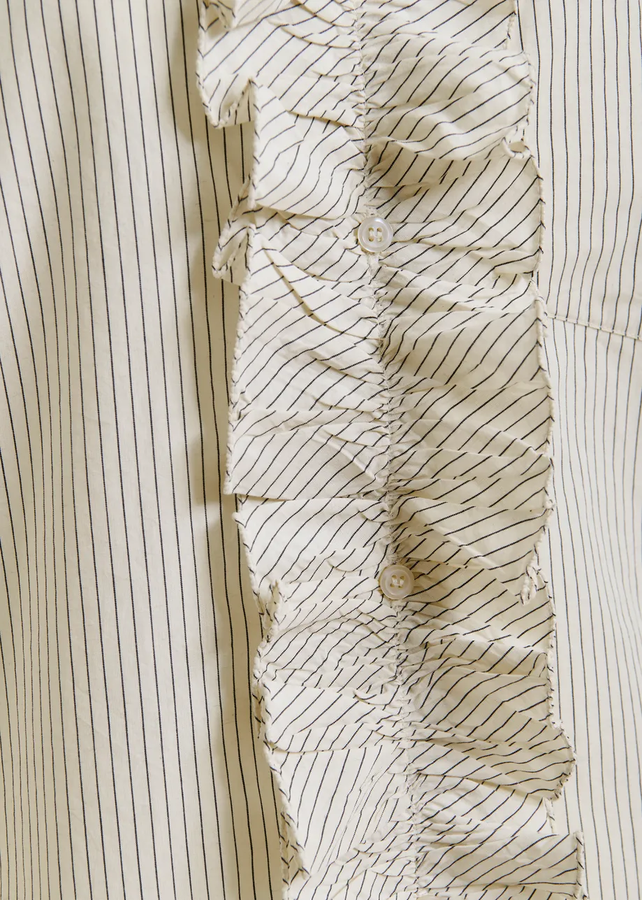 Off-white and black oversized striped cotton shirt with ruffle details