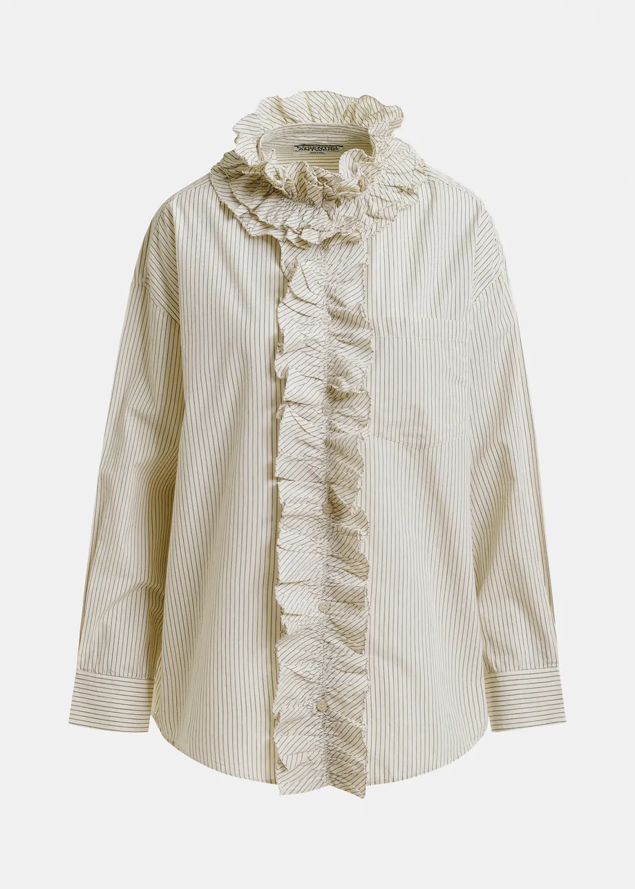 Off-white and black oversized striped cotton shirt with ruffle details