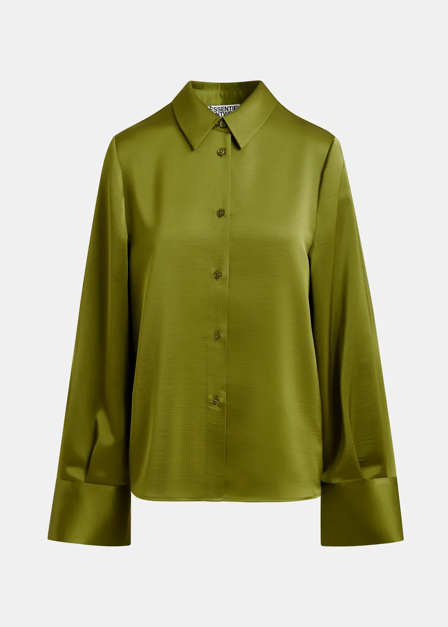 Olive green oversized satin shirt with button placket