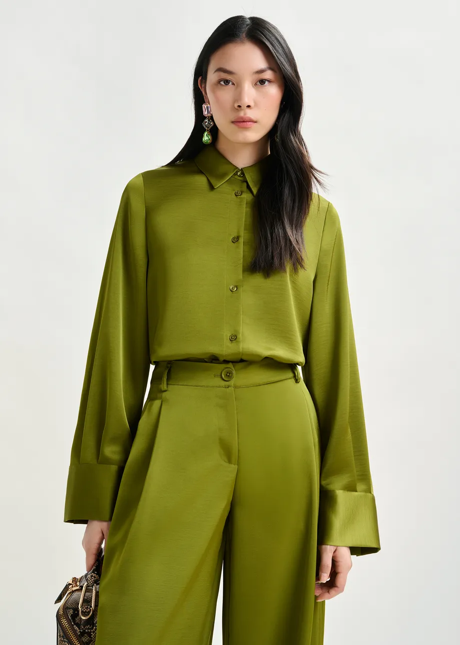 Olive green oversized satin shirt with button placket