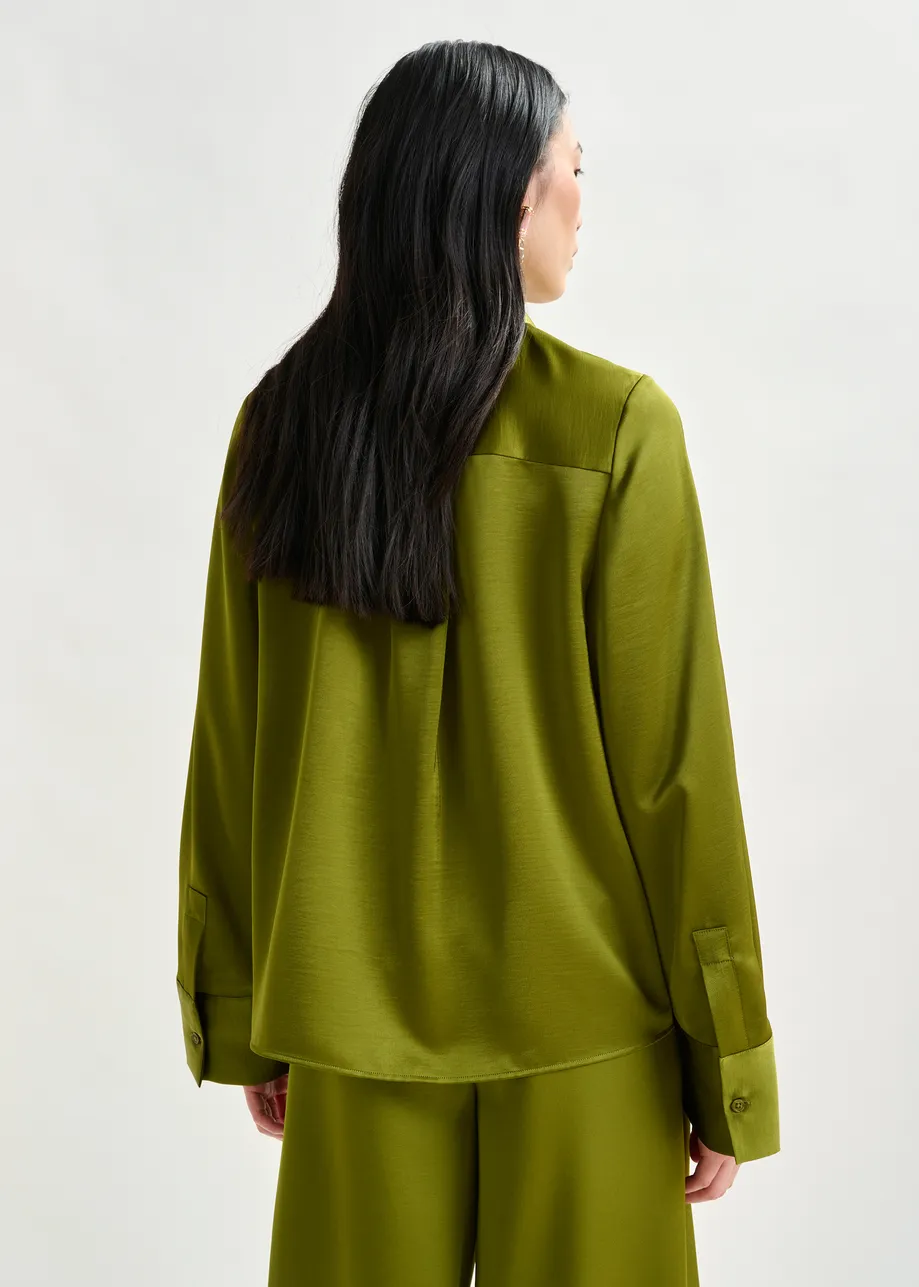Olive green oversized satin shirt with button placket