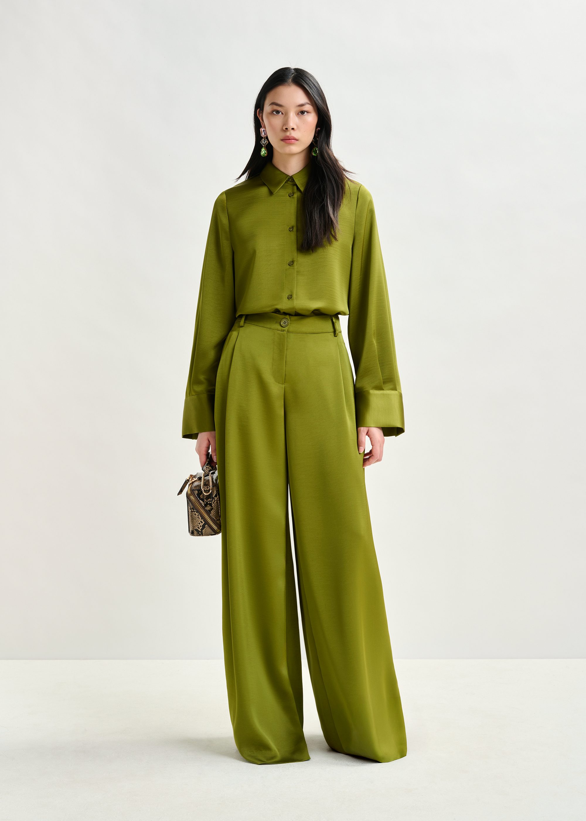 Olive green oversized satin shirt with button placket | Essentiel
