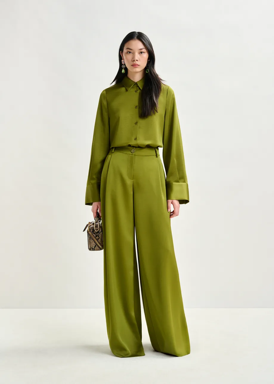 Olive green oversized satin shirt with button placket