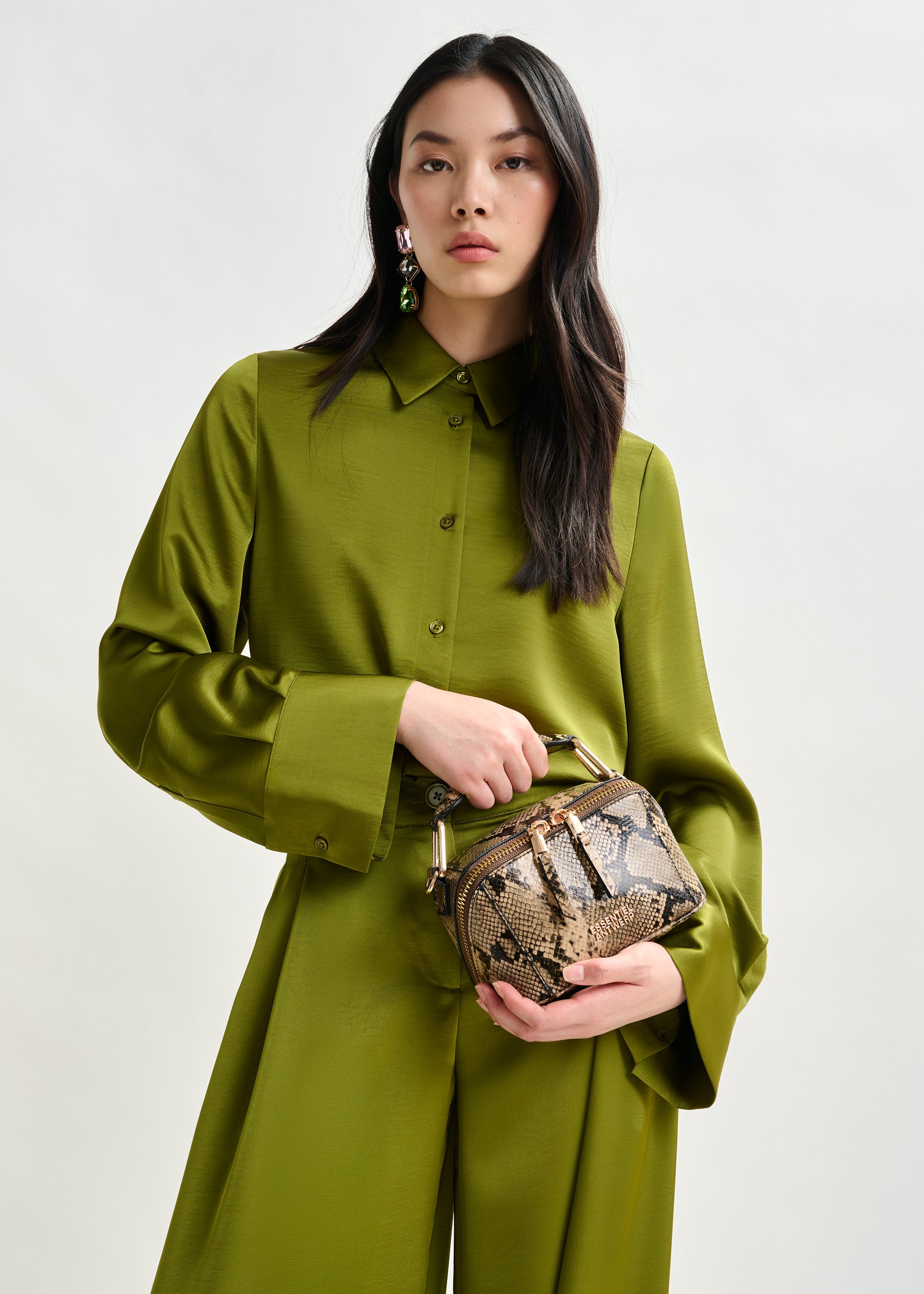 Olive green oversized satin shirt with button placket | Essentiel