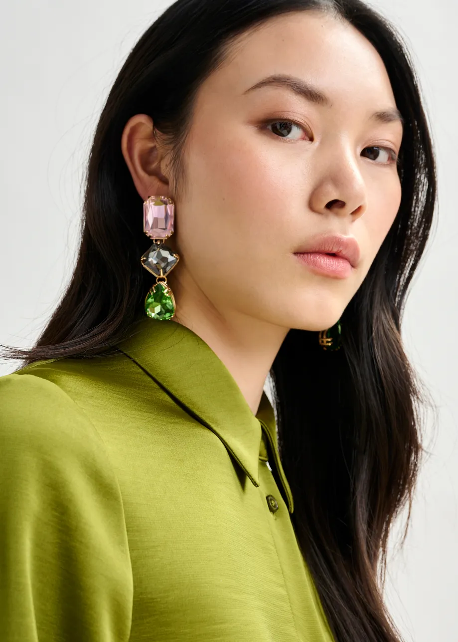 Olive green oversized satin shirt with button placket