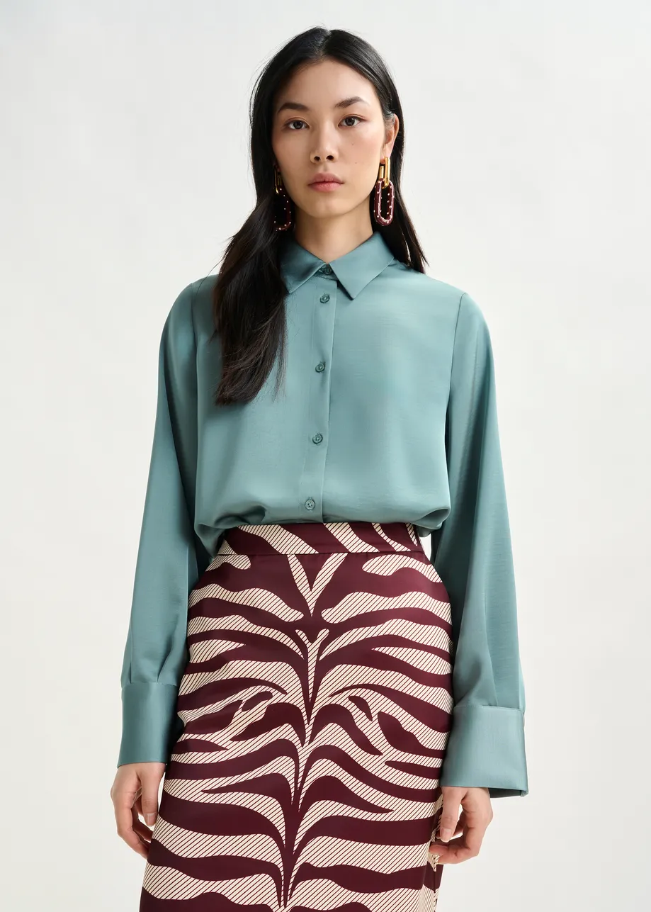Light blue oversized satin shirt with button placket
