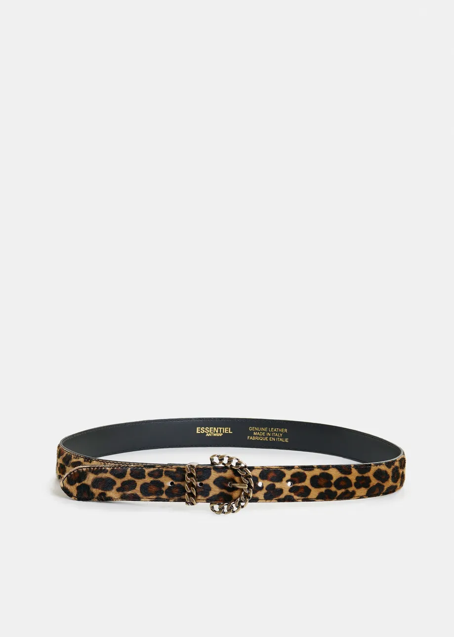 Brown and black leopard-print belt with metal chain buckle