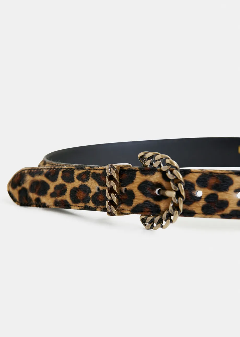 Brown and black leopard-print belt with metal chain buckle
