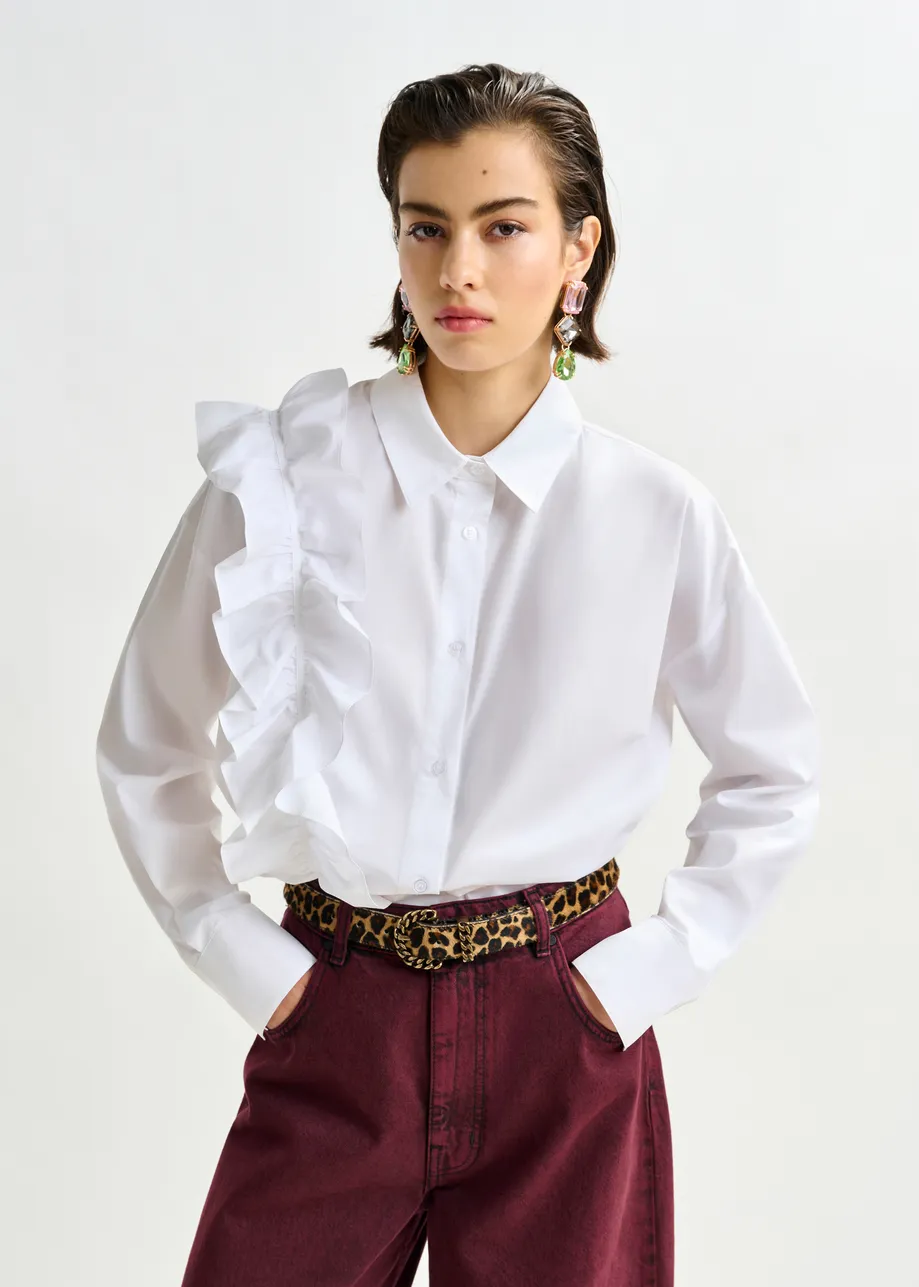 Brown and black leopard-print belt with metal chain buckle