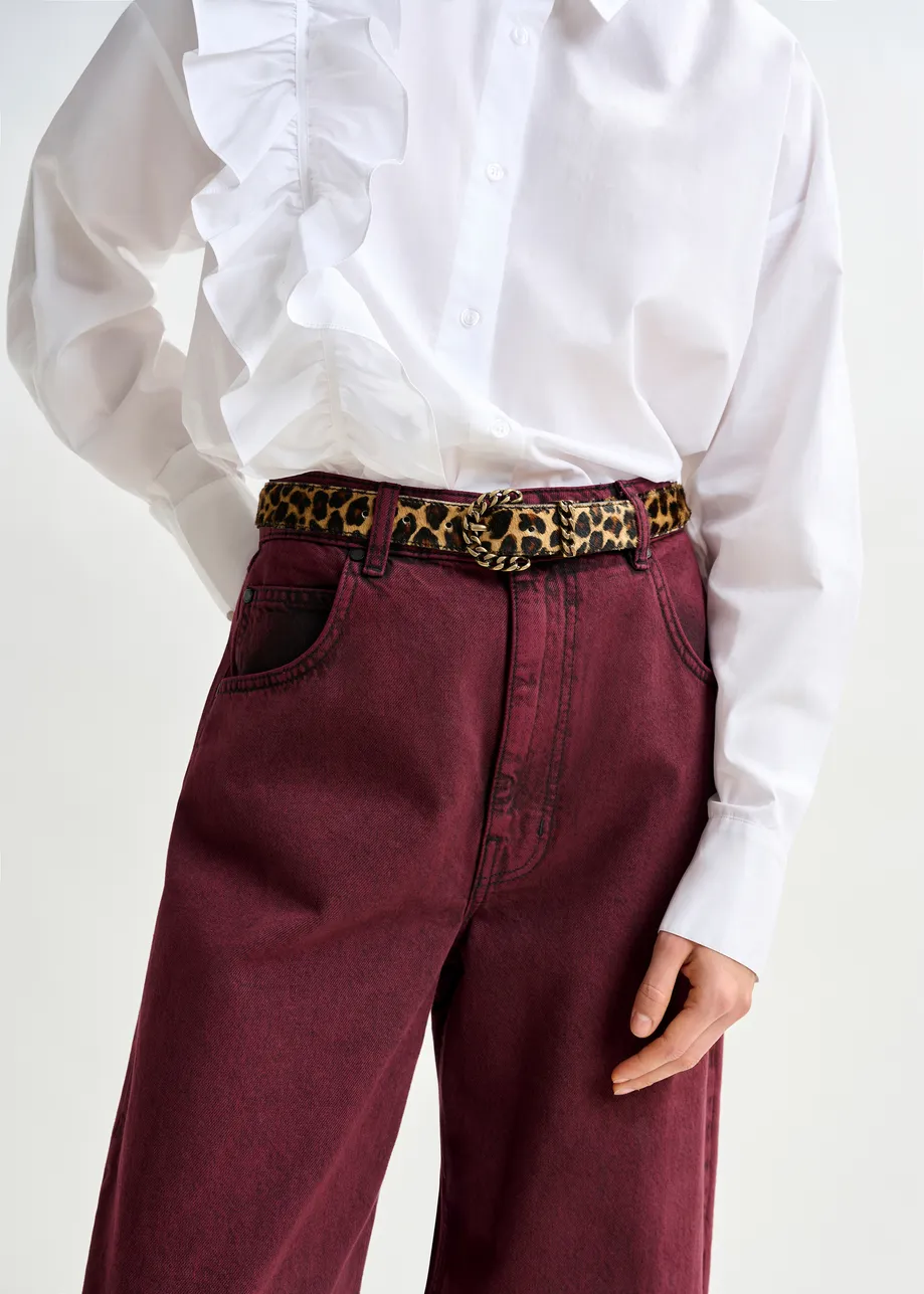 Brown and black leopard-print belt with metal chain buckle