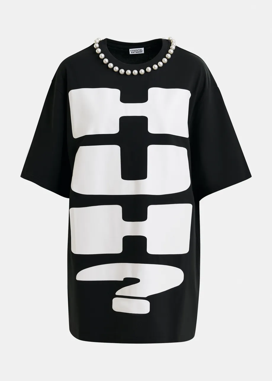 Black and white oversized cotton T-shirt with "HUH?"- print and bead embellishments