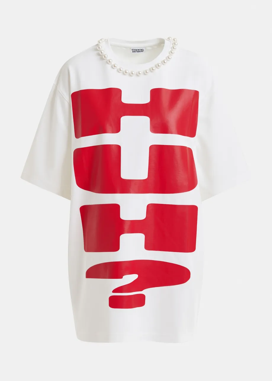 White and red oversized cotton T-shirt with "HUH?"- print and bead embellishments