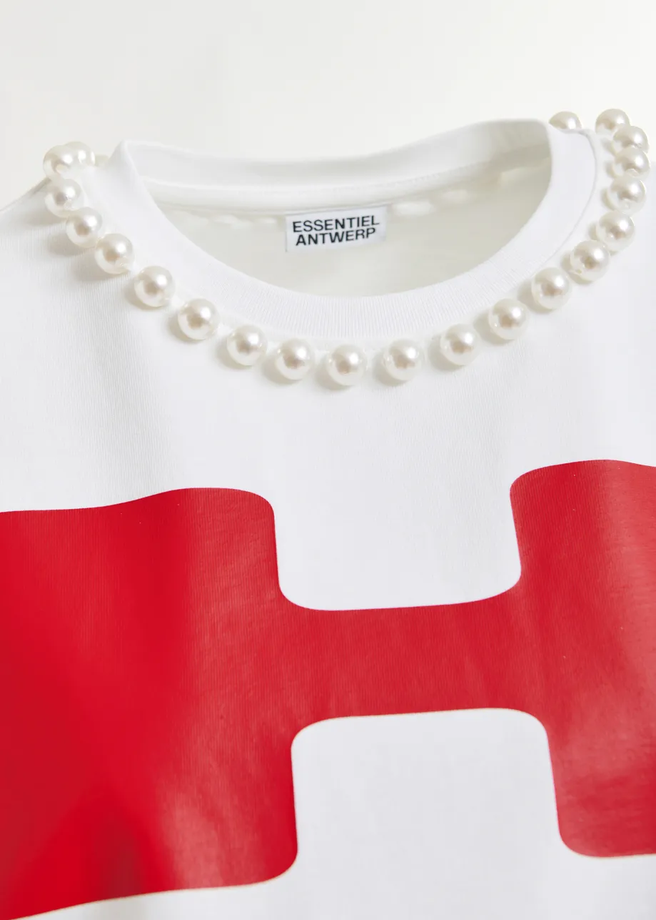 White and red oversized cotton T-shirt with "HUH?"- print and bead embellishments