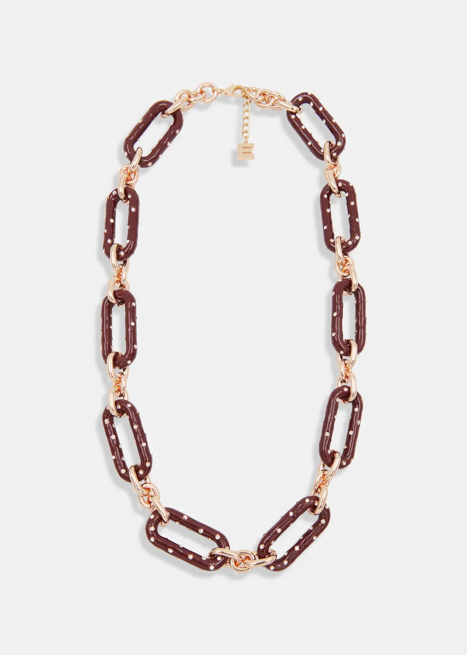 Burgundy and gold rhinestone-encrusted enamel chain necklace