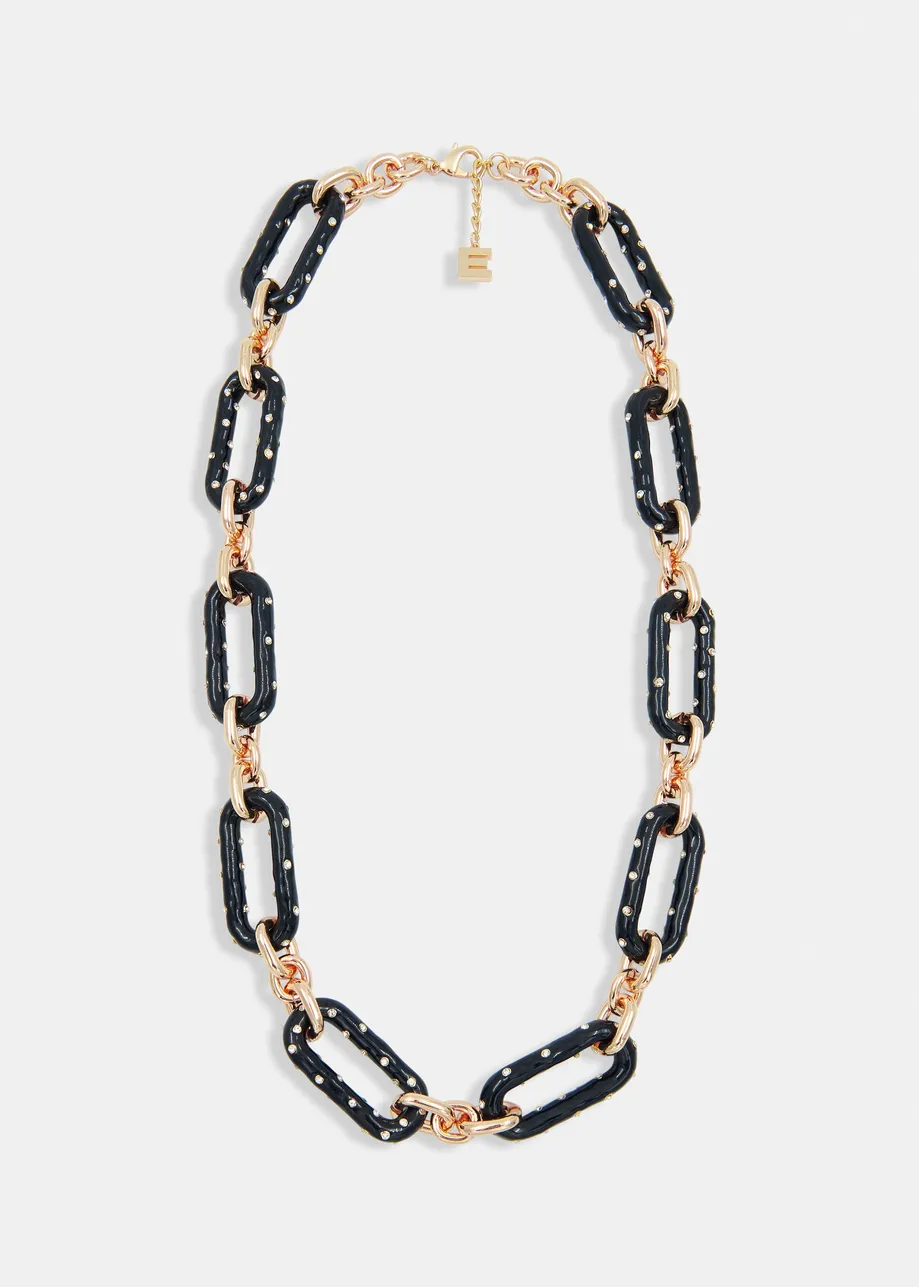 Navy and gold rhinestone-encrusted enamel chain necklace