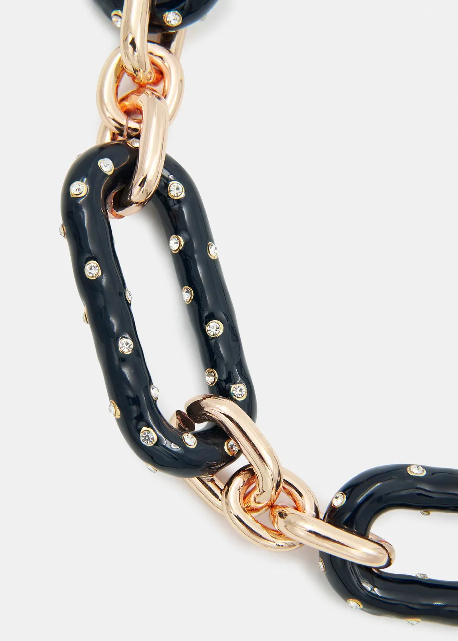 Navy and gold rhinestone-encrusted enamel chain necklace