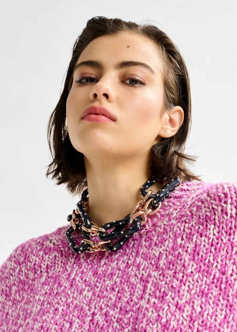 Navy and gold rhinestone-encrusted enamel chain necklace
