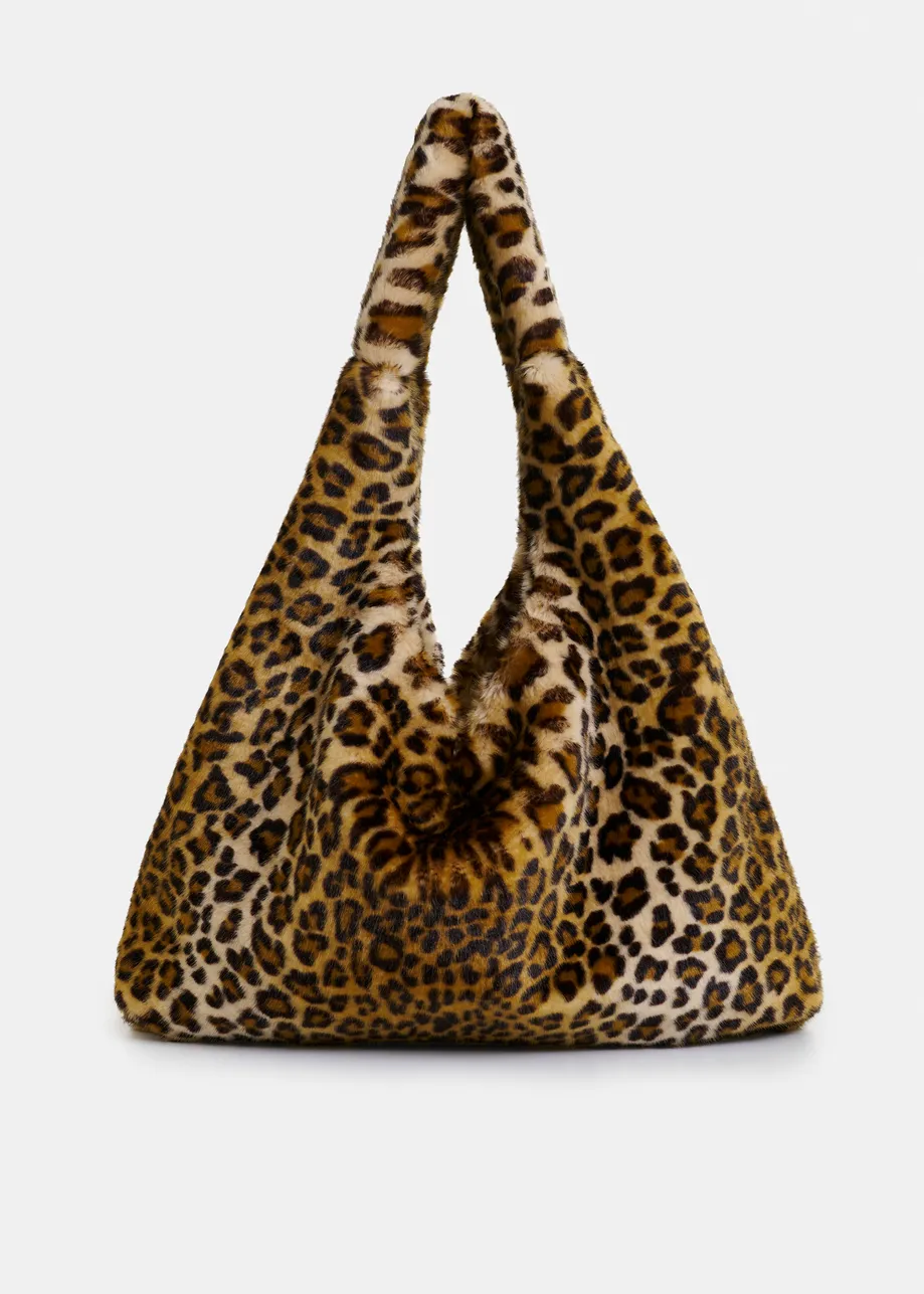 Brown, black and off-white faux fur shoulder bag