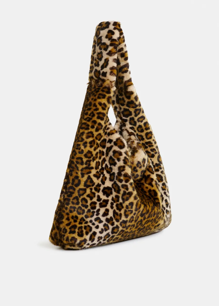 Brown, black and off-white faux fur shoulder bag
