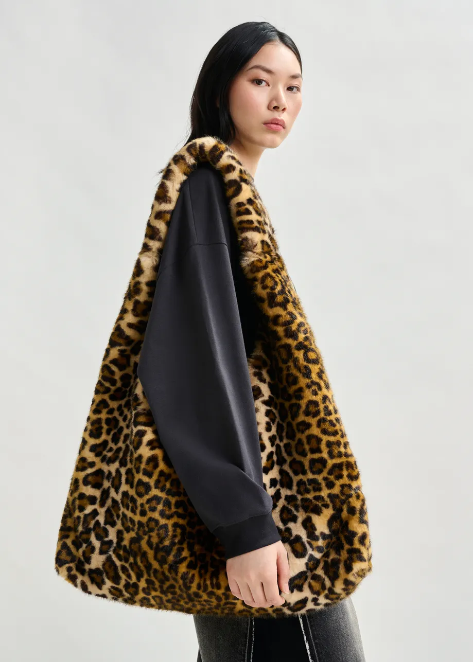 Brown, black and off-white faux fur shoulder bag