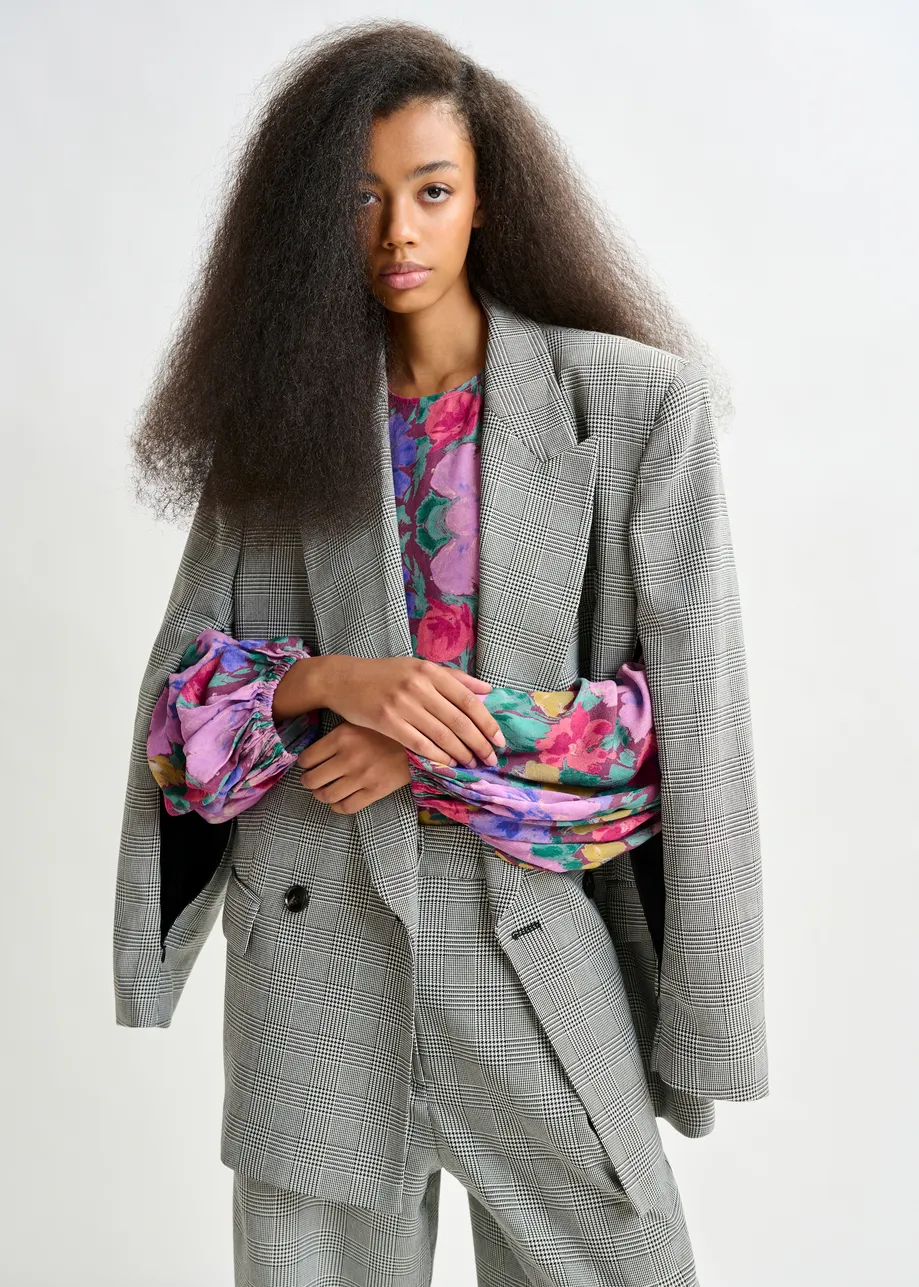 Grey and black double-breasted blazer with underarm zip detail