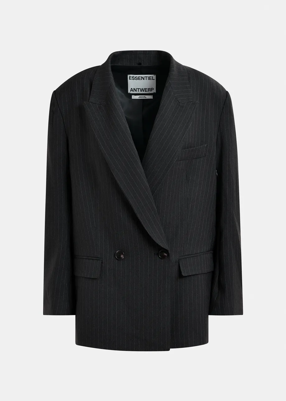 Navy and white double-breasted blazer with underarm zip detail