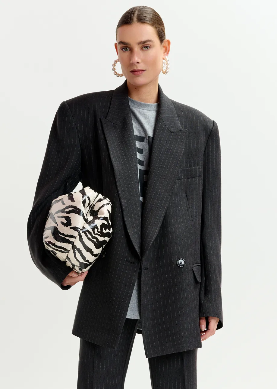 Navy and white double-breasted blazer with underarm zip detail