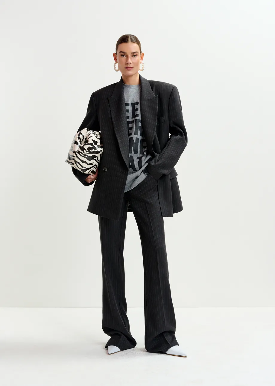 Navy and white double-breasted blazer with underarm zip detail