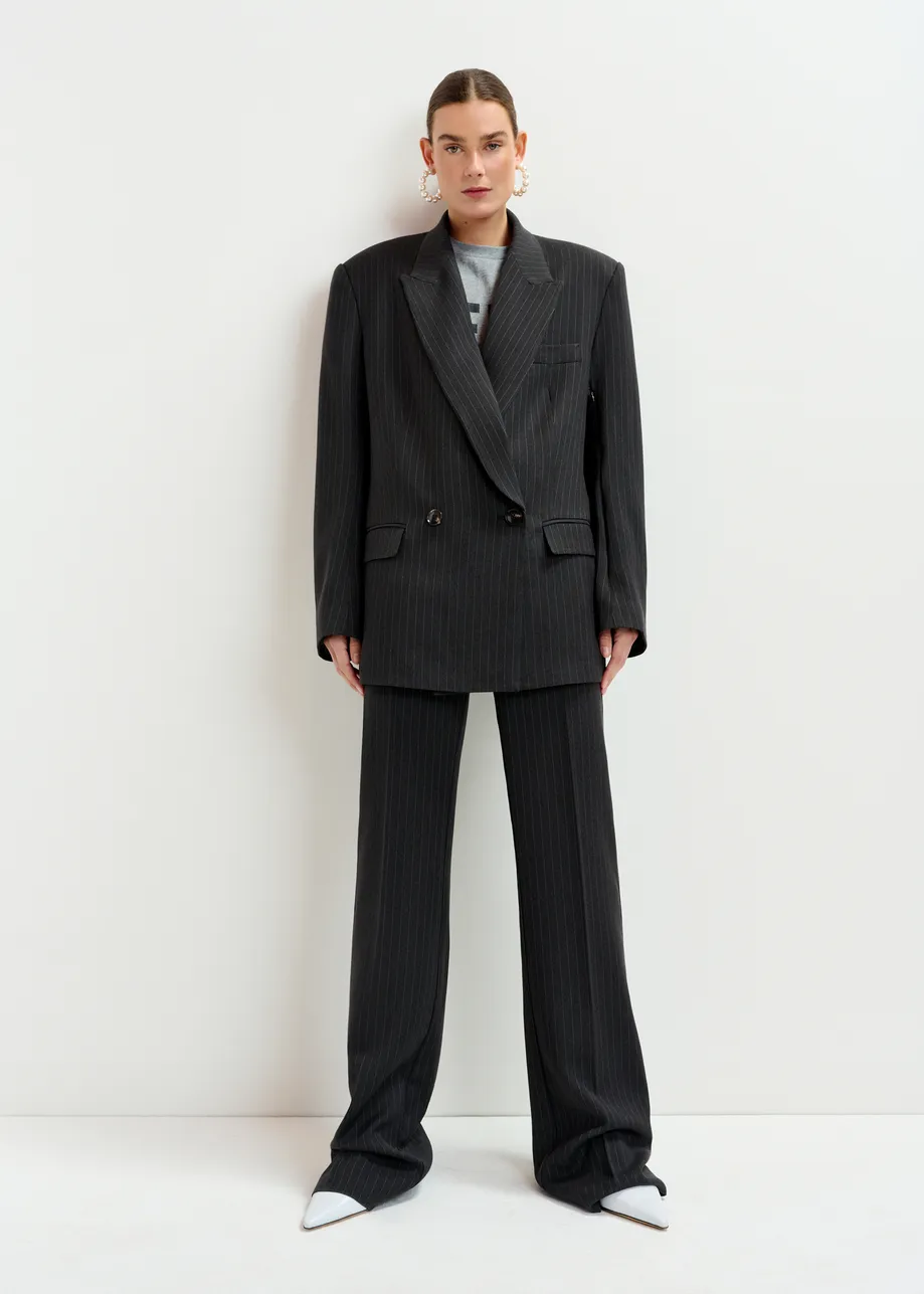 Navy and white double-breasted blazer with underarm zip detail
