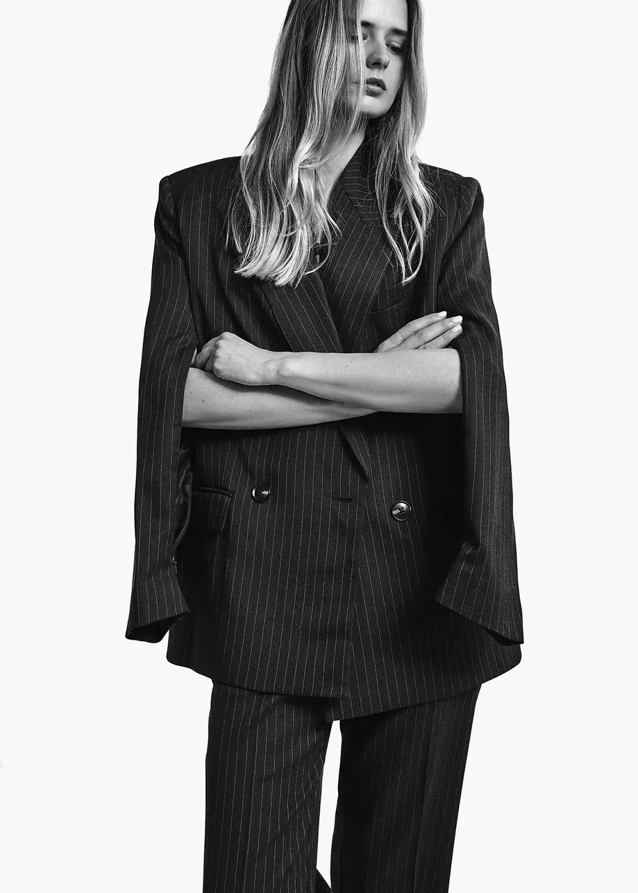 Dark grey and light grey double-breasted blazer with underarm zip detail