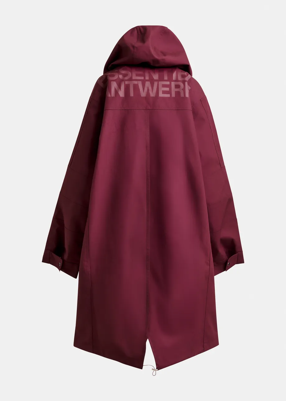 Burgundy hooded raincoat