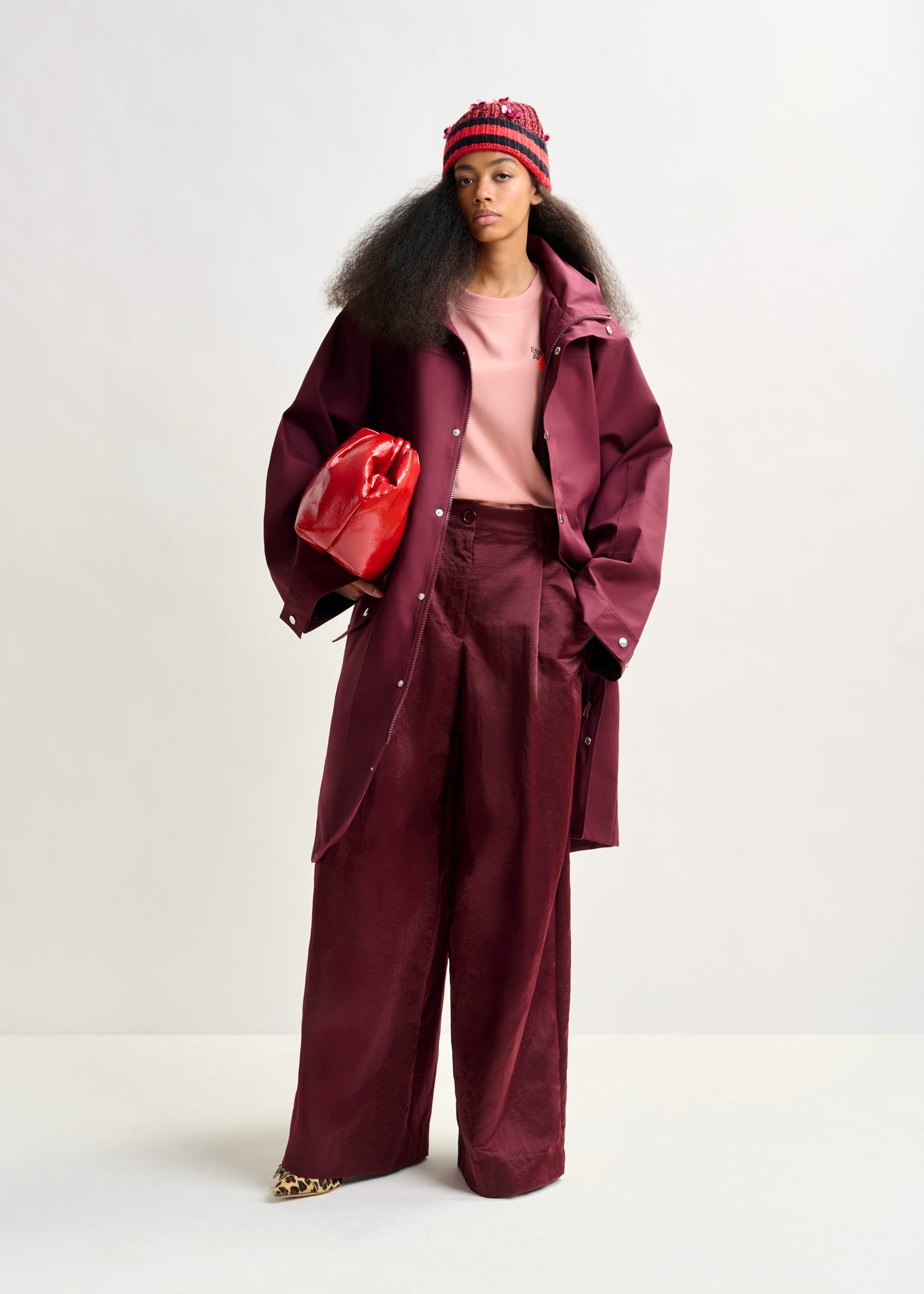 【BURGUNDY】DRAWSTRING RAGLAN PARKA Long Burgundy Waterproof Parka with Hood