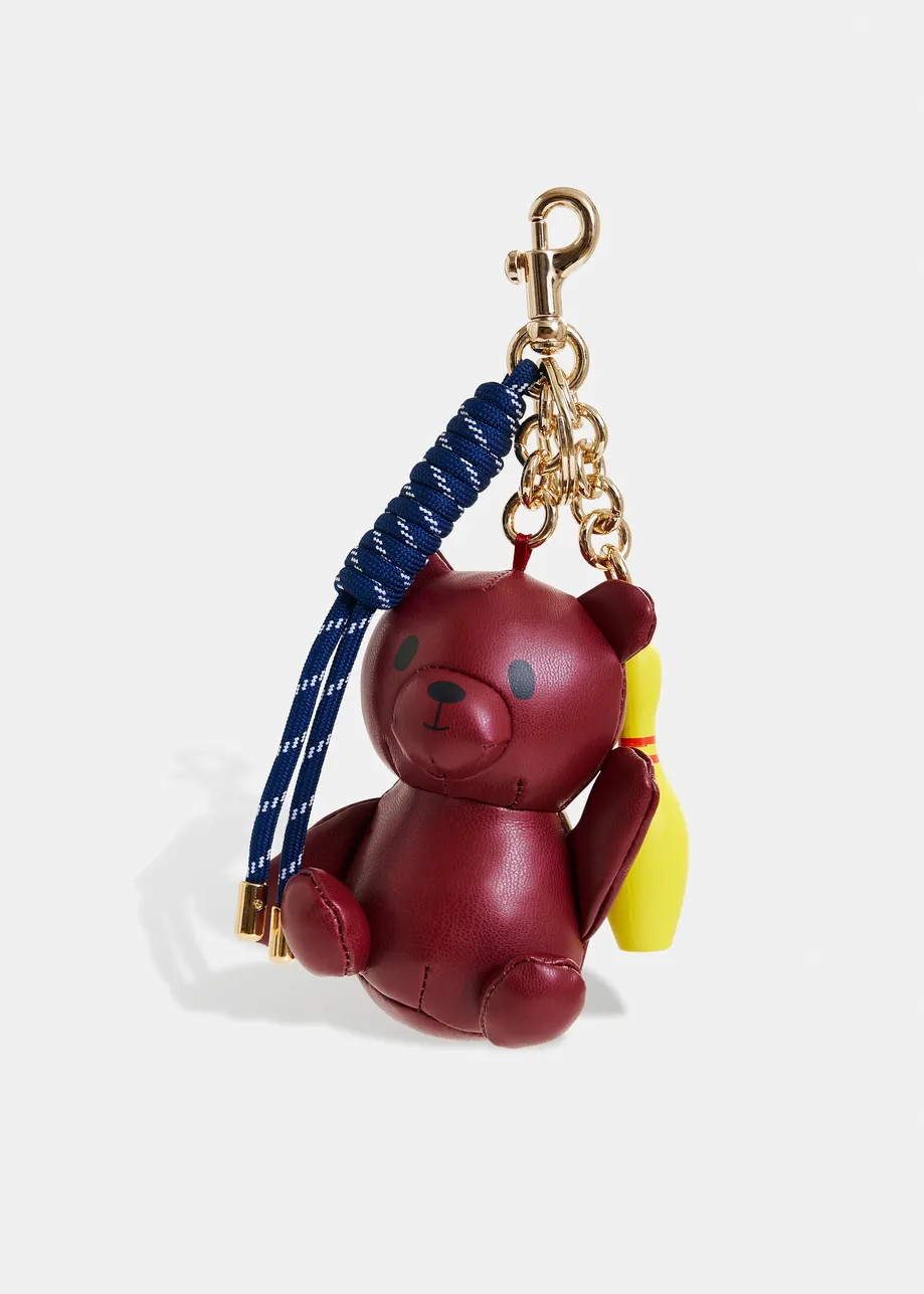 Burgundy, yellow and dark blue faux leather teddy  bear and boling pin bag charm